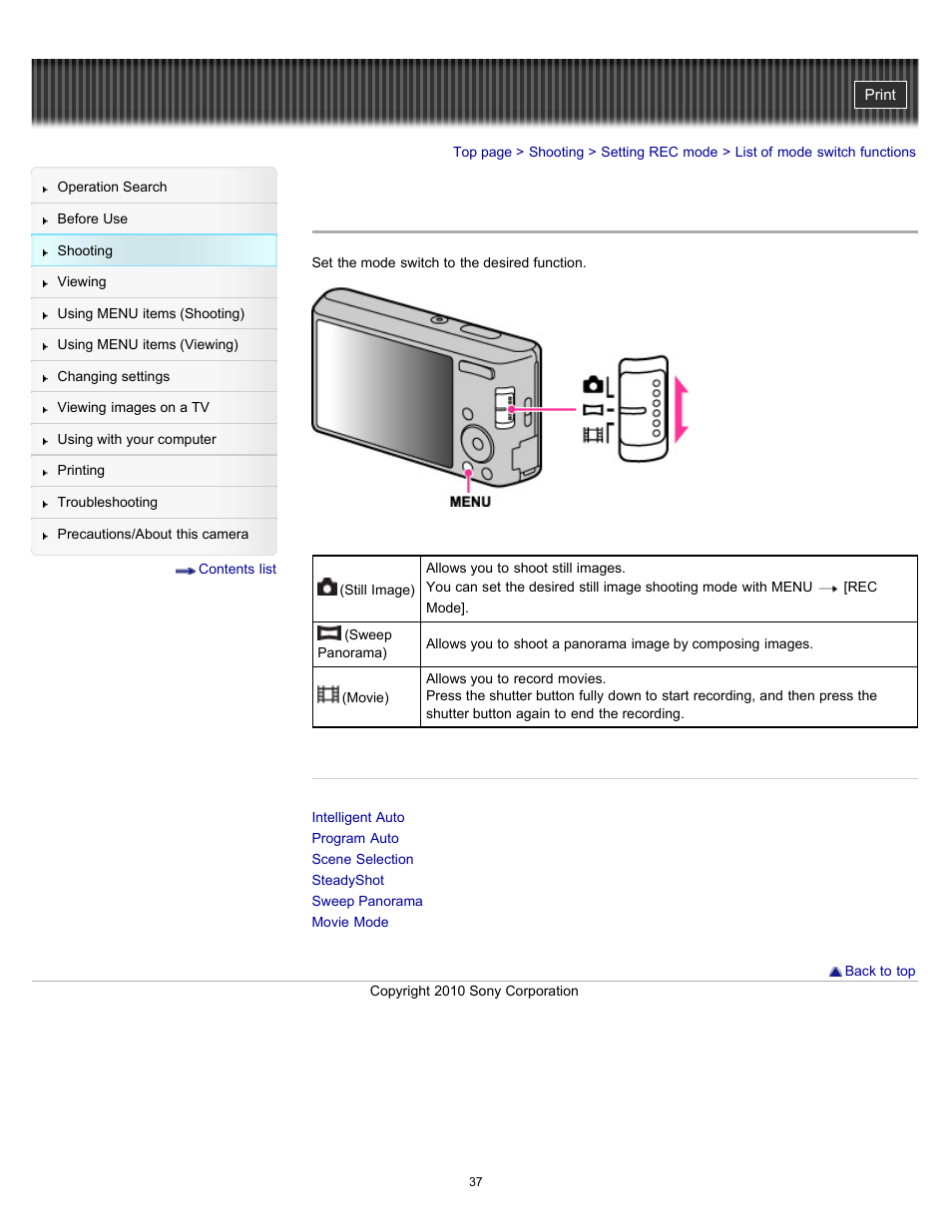 List of mode switch functions | Sony DSC-W530 User Manual | Page 37 / 167