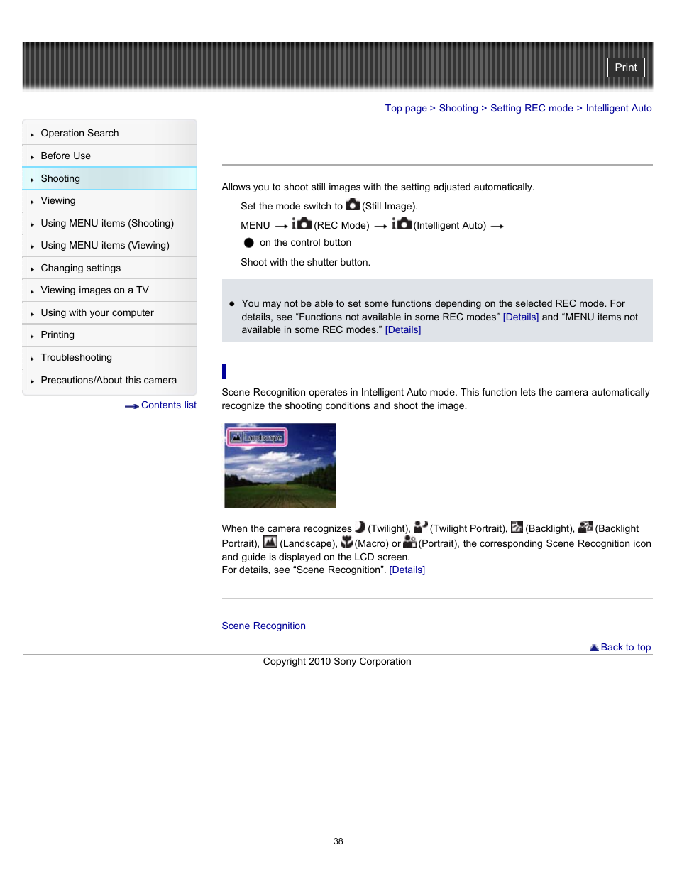 Intelligent auto | Sony DSC-W530 User Manual | Page 38 / 167