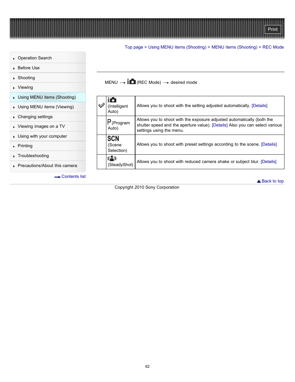 Rec mode | Sony DSC-W530 User Manual | Page 62 / 167
