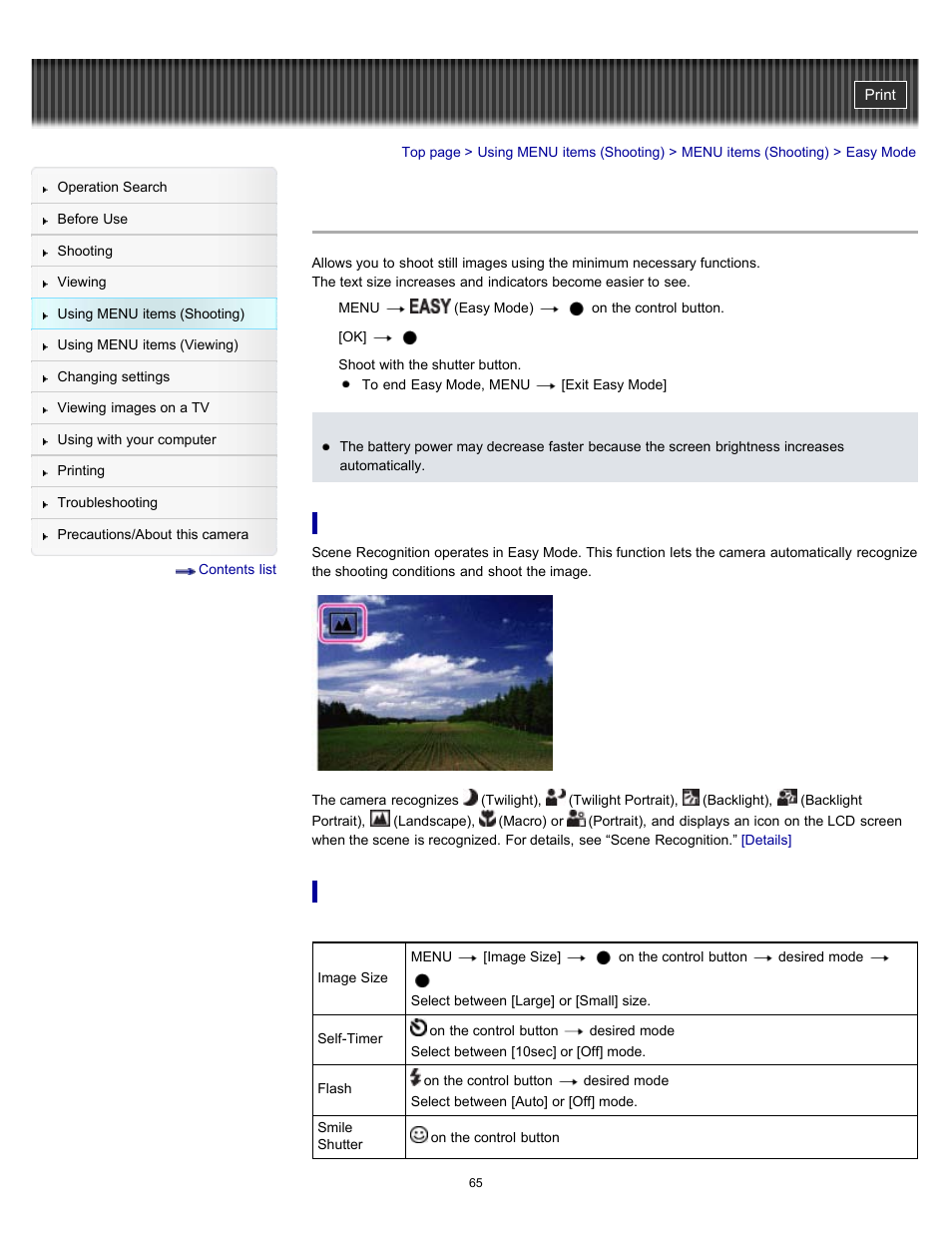 Easy mode | Sony DSC-W530 User Manual | Page 65 / 167