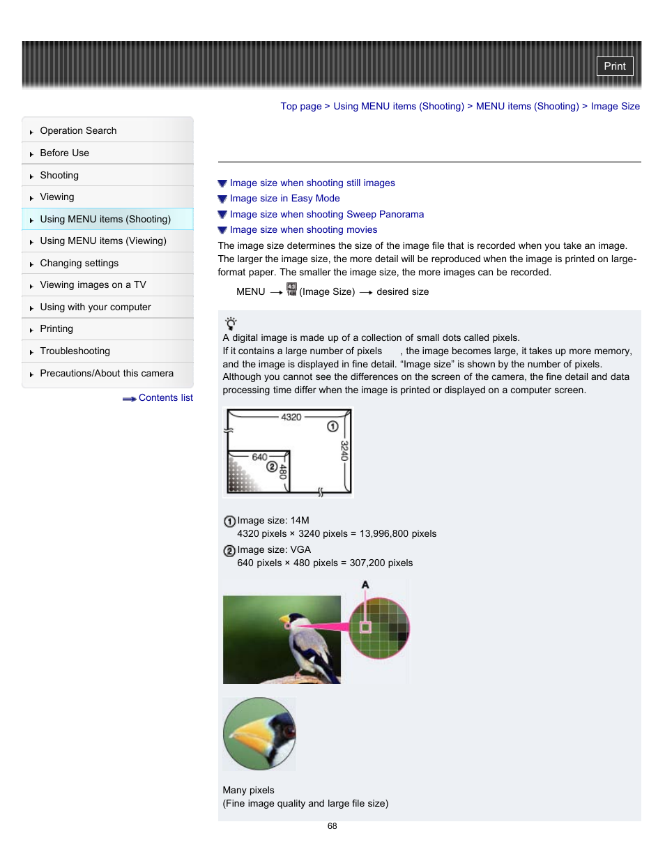 Image size | Sony DSC-W530 User Manual | Page 68 / 167