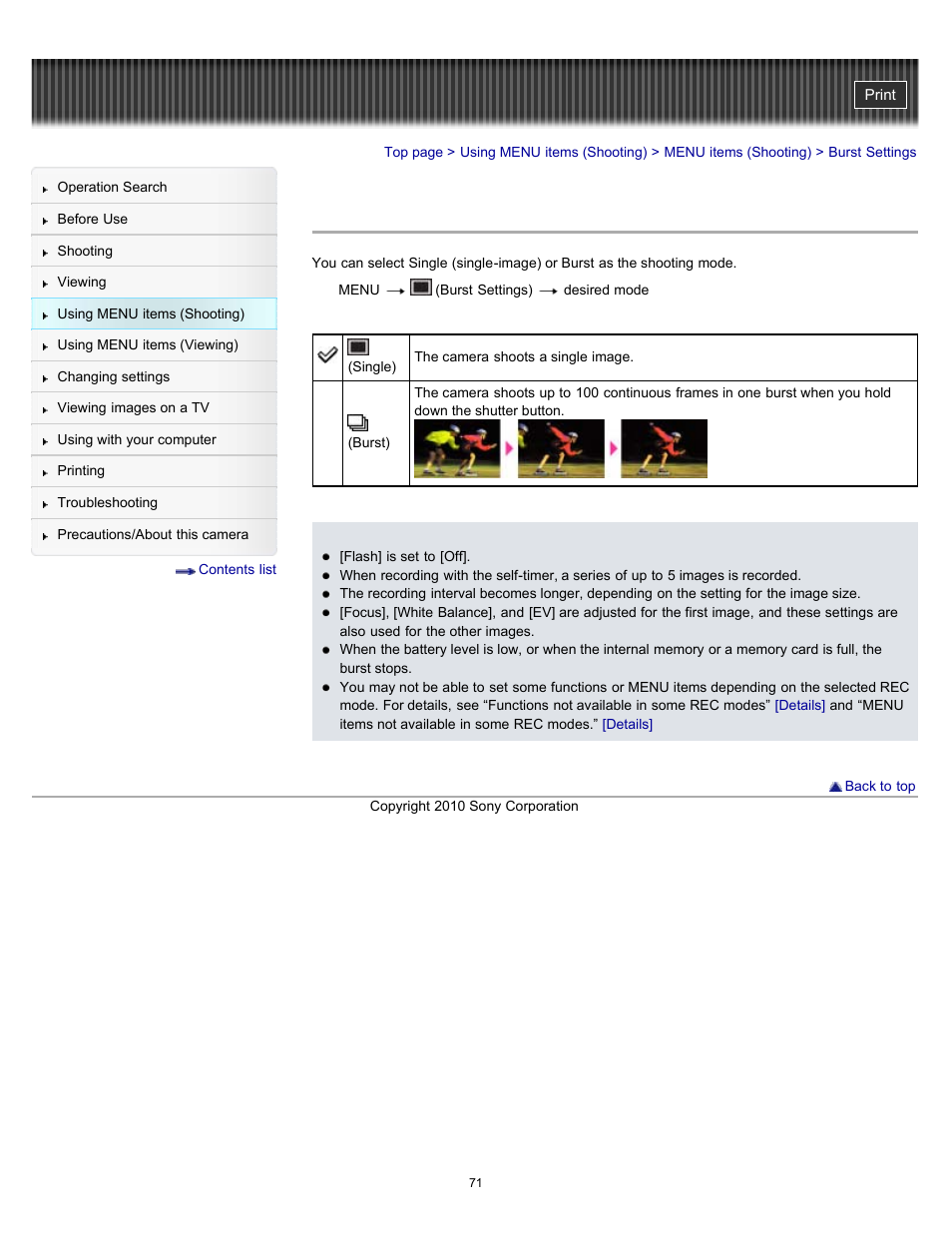Burst settings | Sony DSC-W530 User Manual | Page 71 / 167
