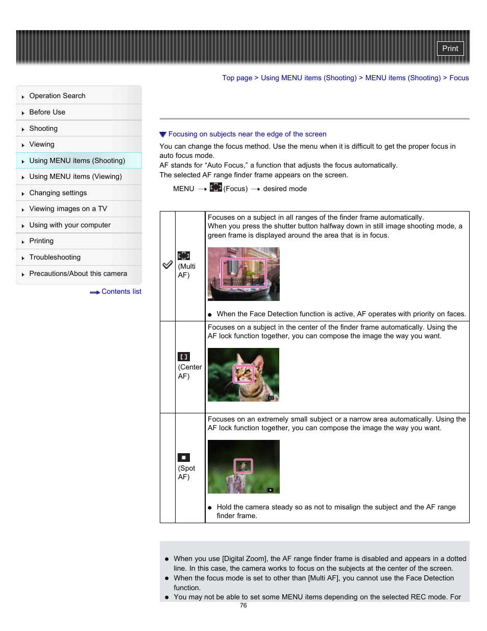 Focus, Details | Sony DSC-W530 User Manual | Page 76 / 167