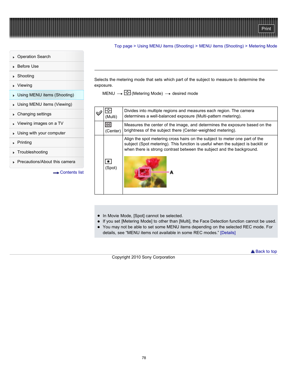 Metering mode | Sony DSC-W530 User Manual | Page 78 / 167