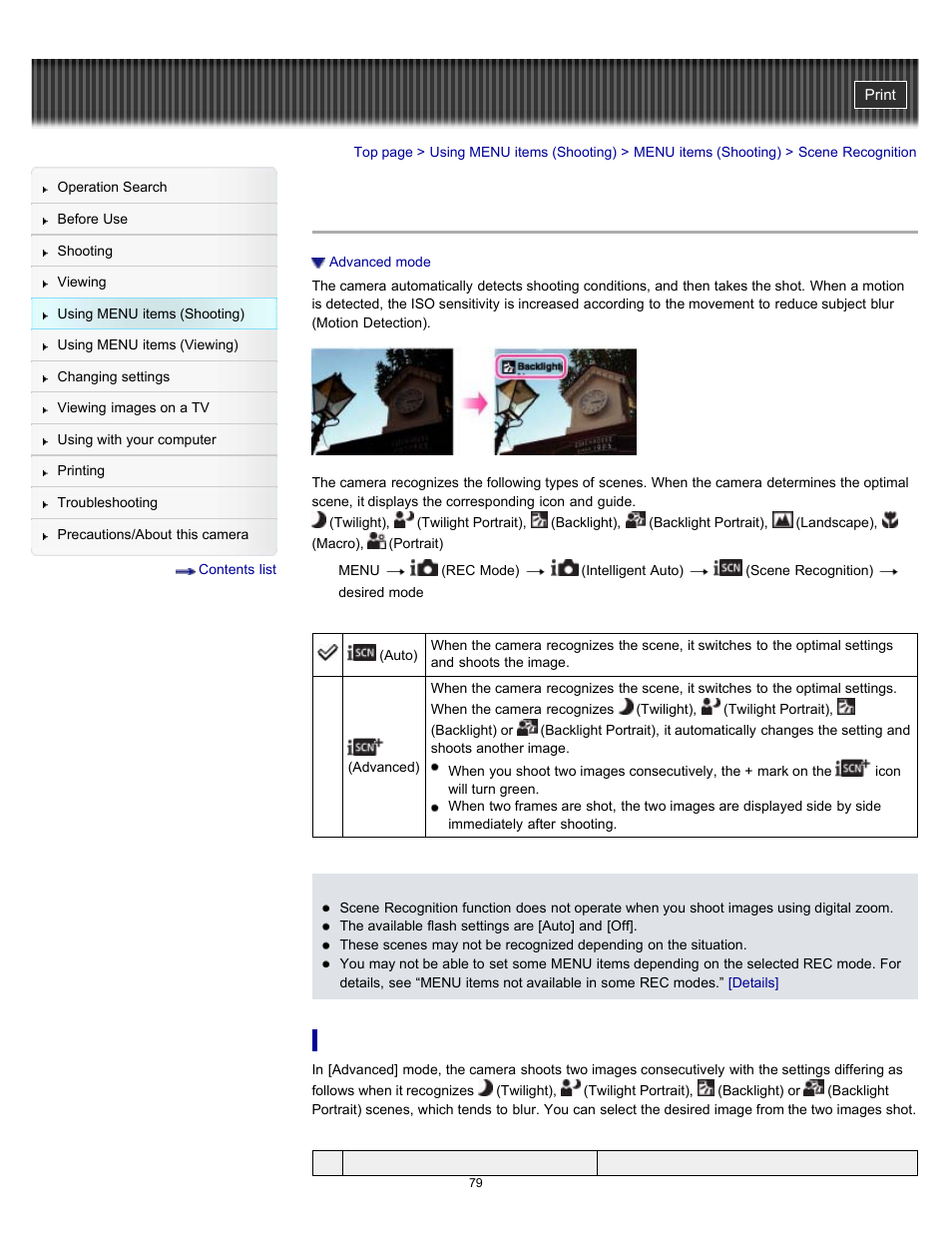 Scene recognition, Details | Sony DSC-W530 User Manual | Page 79 / 167