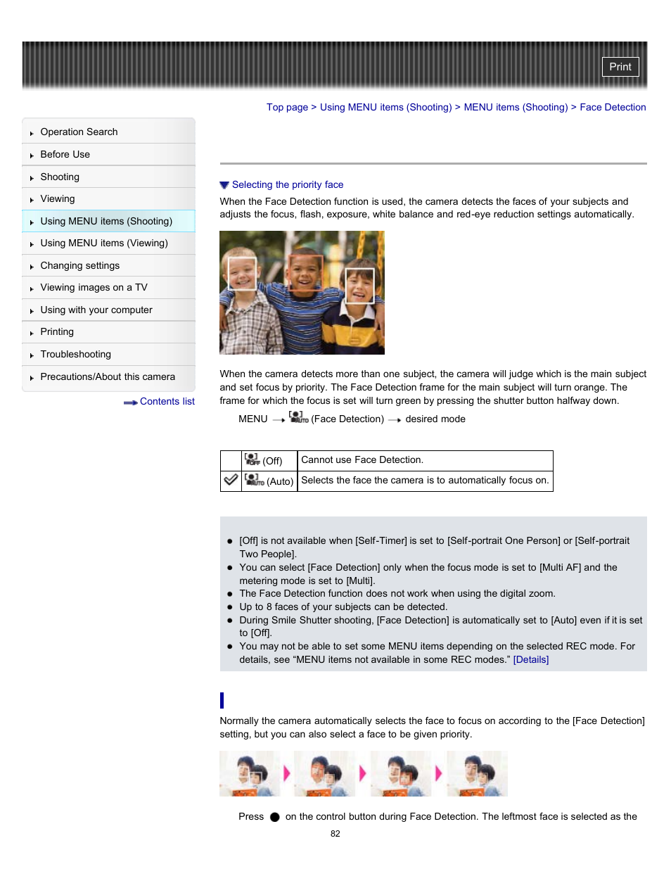 Face detection, Details | Sony DSC-W530 User Manual | Page 82 / 167