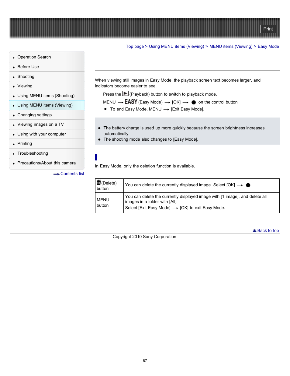 Easy mode | Sony DSC-W530 User Manual | Page 87 / 167