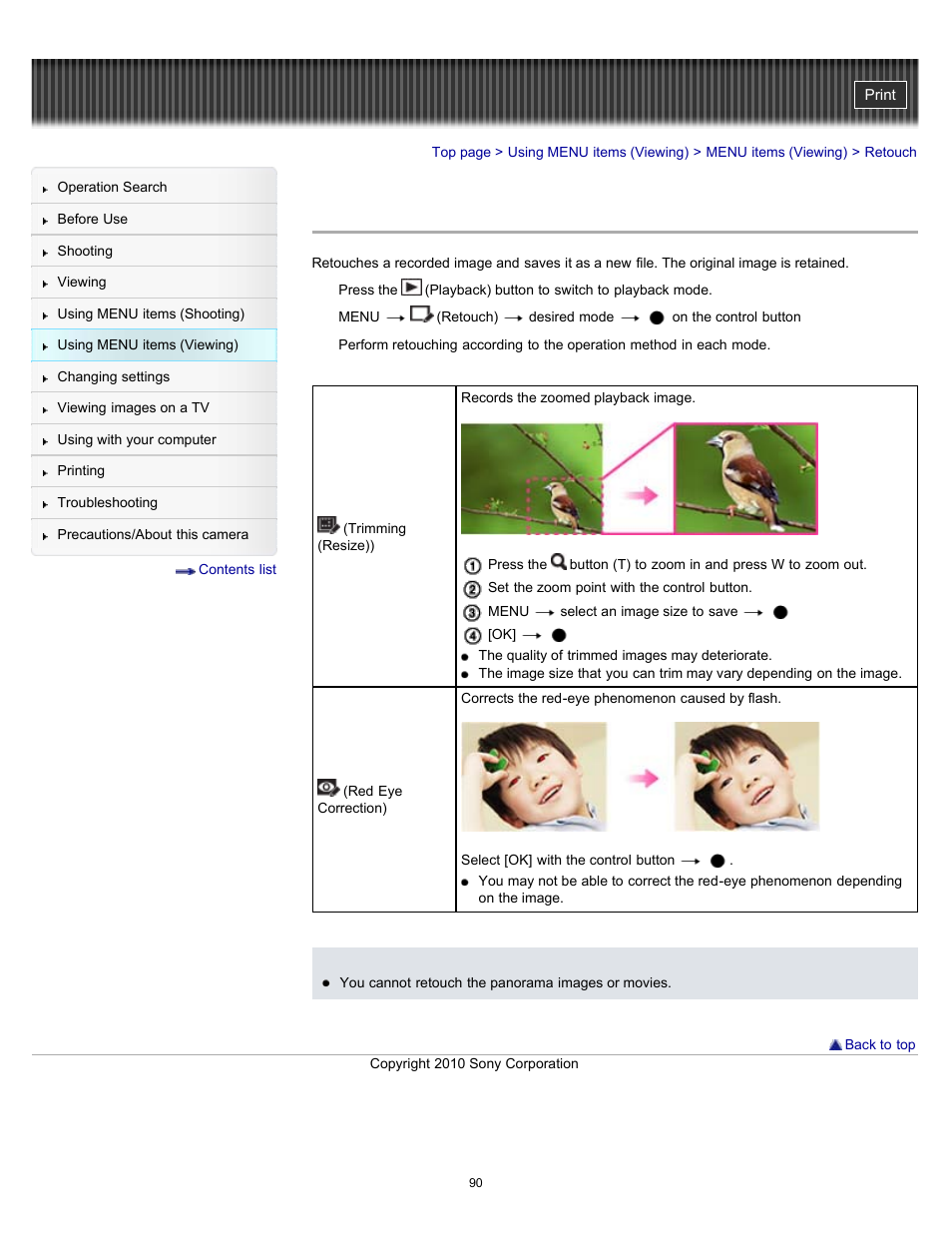 Retouch, Trimming (resize)) | Sony DSC-W530 User Manual | Page 90 / 167