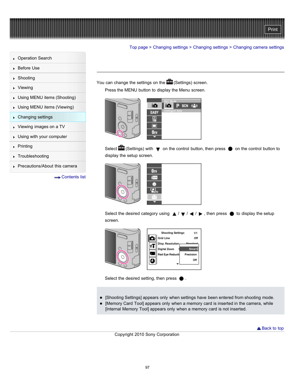 Changing camera settings | Sony DSC-W530 User Manual | Page 97 / 167