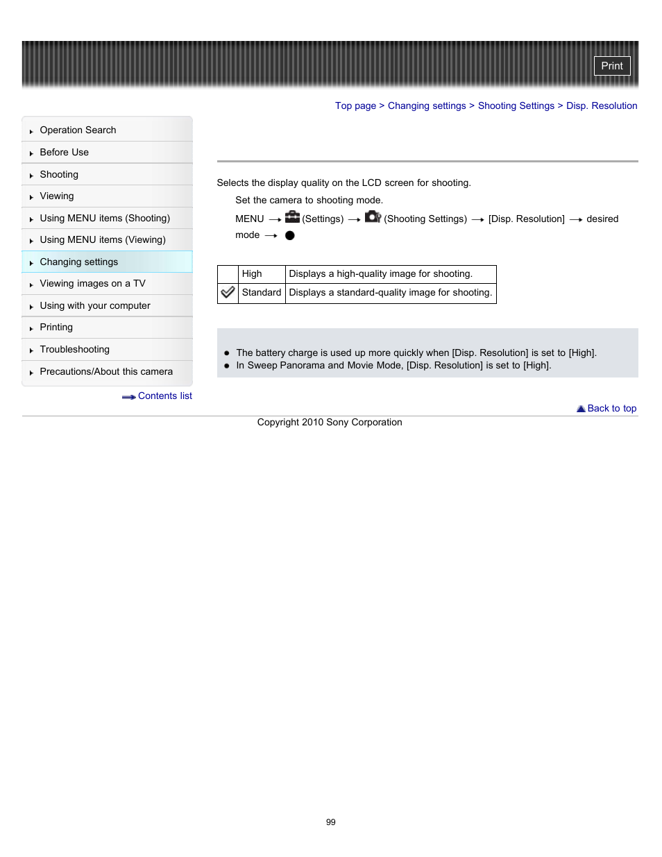 Disp. resolution | Sony DSC-W530 User Manual | Page 99 / 167