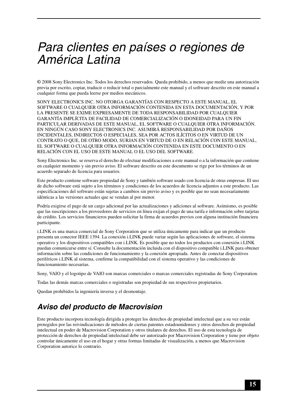 Aviso del producto de macrovision | Sony VGN-FZ460E User Manual | Page 15 / 28