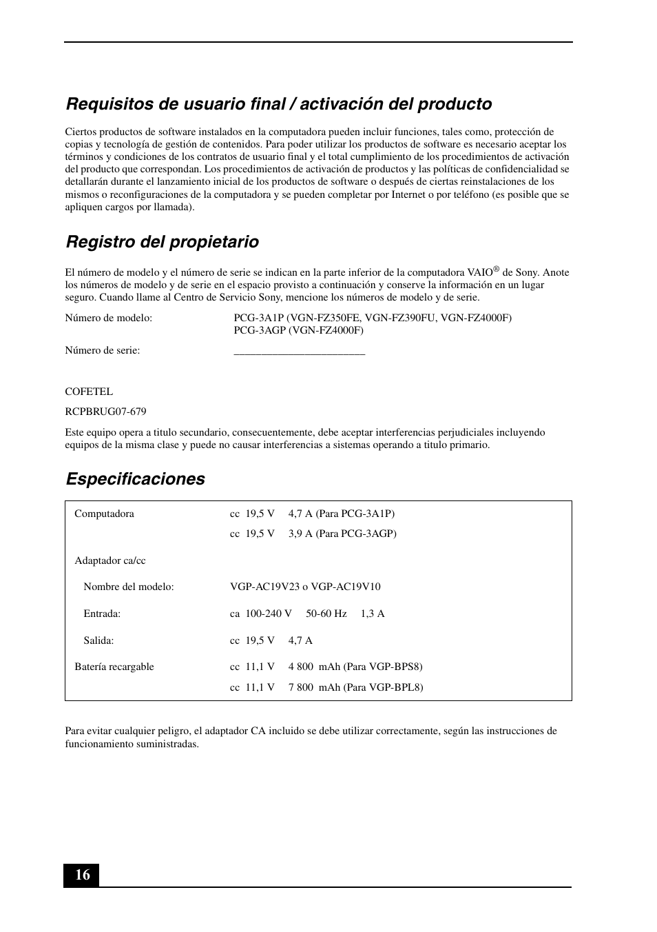 Registro del propietario, Especificaciones | Sony VGN-FZ460E User Manual | Page 16 / 28