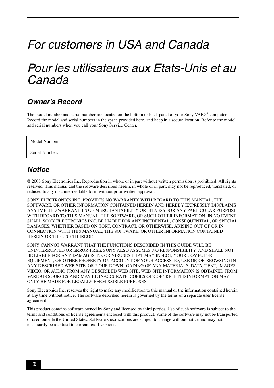 Owner’s record, Notice | Sony VGN-FZ460E User Manual | Page 2 / 28