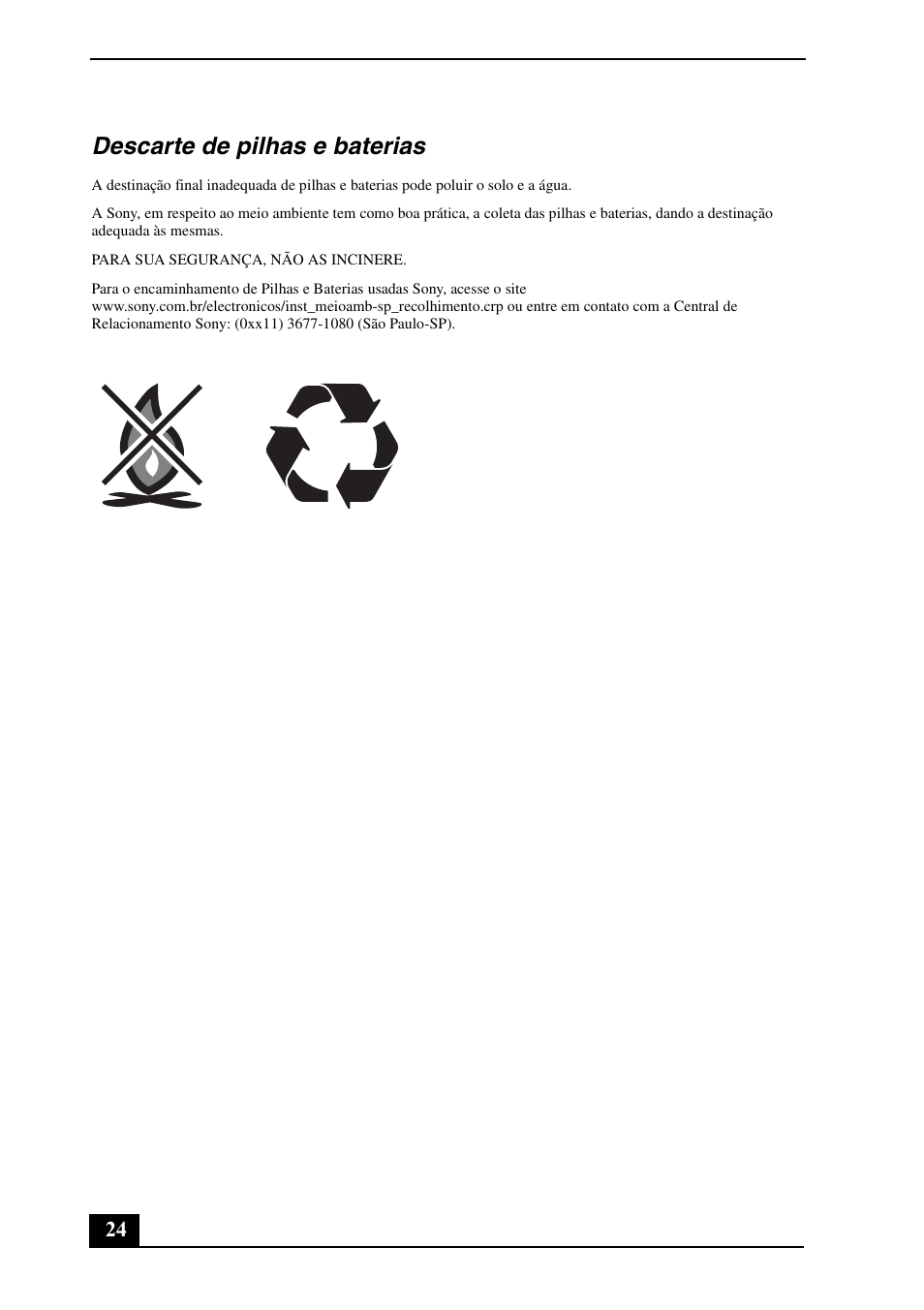 Descarte de pilhas e baterias | Sony VGN-FZ460E User Manual | Page 24 / 28