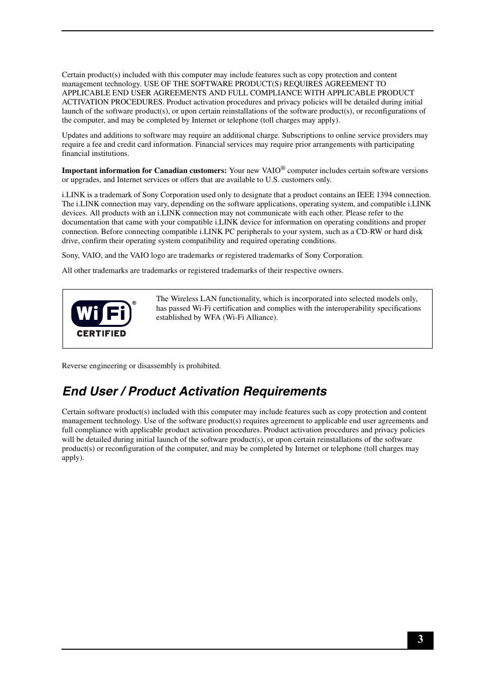 End user / product activation requirements | Sony VGN-FZ460E User Manual | Page 3 / 28