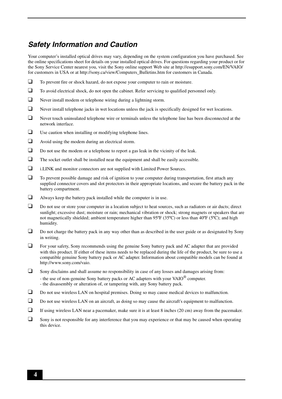Safety information and caution | Sony VGN-FZ460E User Manual | Page 4 / 28