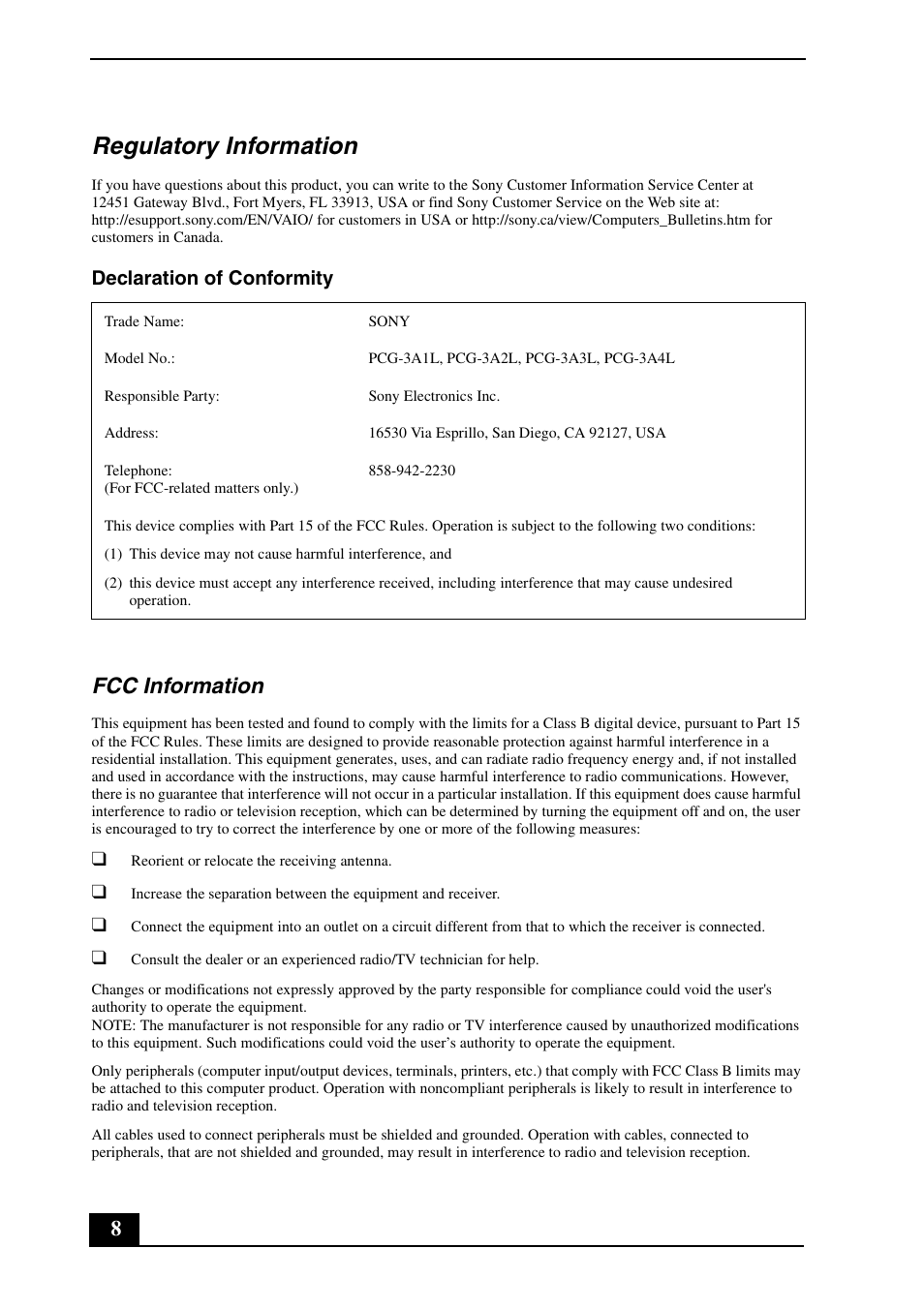 Regulatory information, Fcc information, Declaration of conformity | Sony VGN-FZ460E User Manual | Page 8 / 28