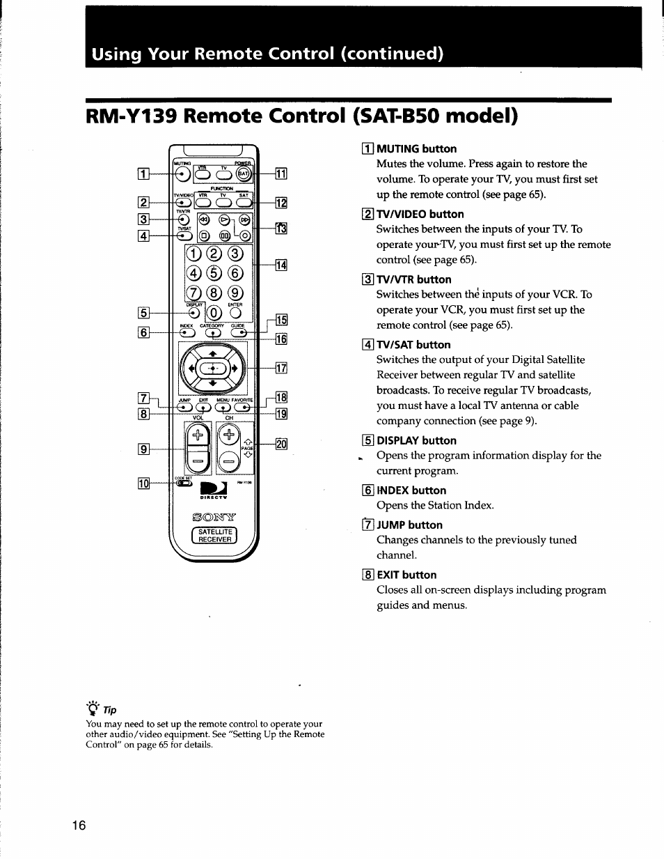 Using your remote control (continued), Rm-y139 remote control (sat-b50 model), S}—oo | Sony SAT-A50 User Manual | Page 16 / 78