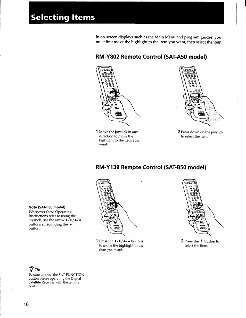 Selecting items, Note (sat-b50 model) | Sony SAT-A50 User Manual | Page 18 / 78