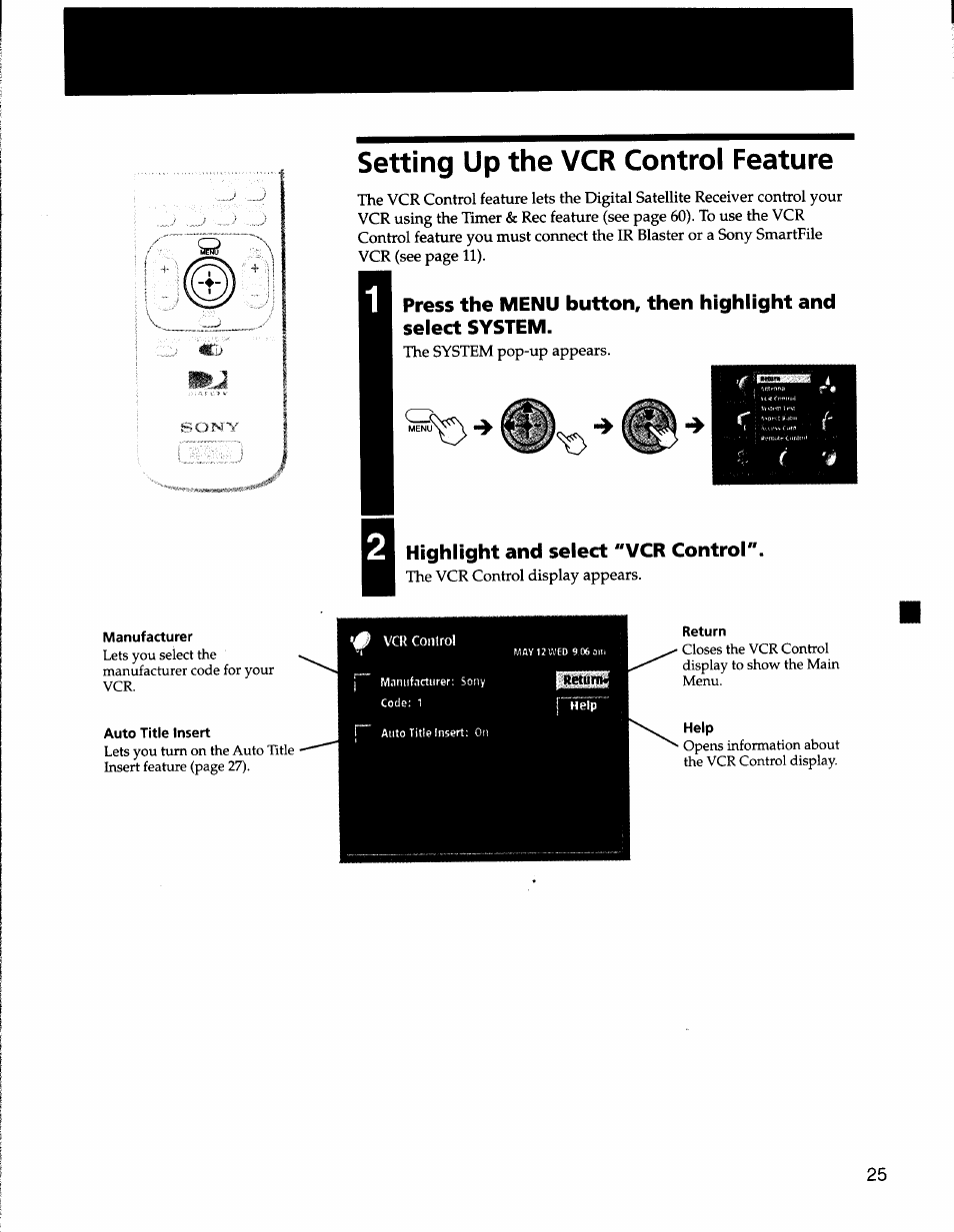 Highlight and select "vcr control, Setting up the vcr control feature | Sony SAT-A50 User Manual | Page 25 / 78