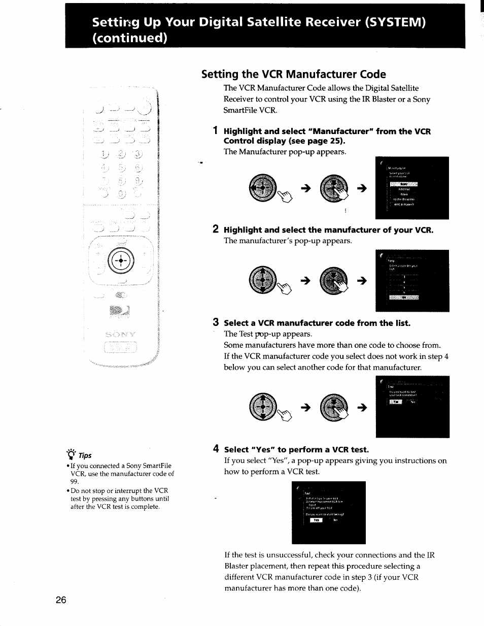 Setting the vcr manufacturer code | Sony SAT-A50 User Manual | Page 26 / 78
