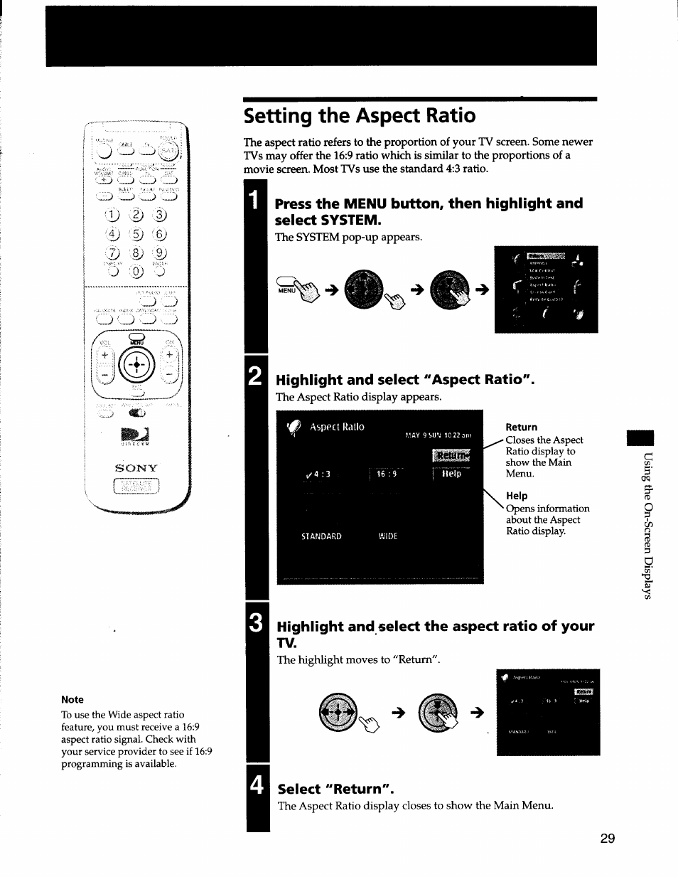 Setting the aspect ratio, Highlight and seiect "aspect ratio, Return | Note, Highlight and select the aspect ratio of your tv, Select "return | Sony SAT-A50 User Manual | Page 29 / 78