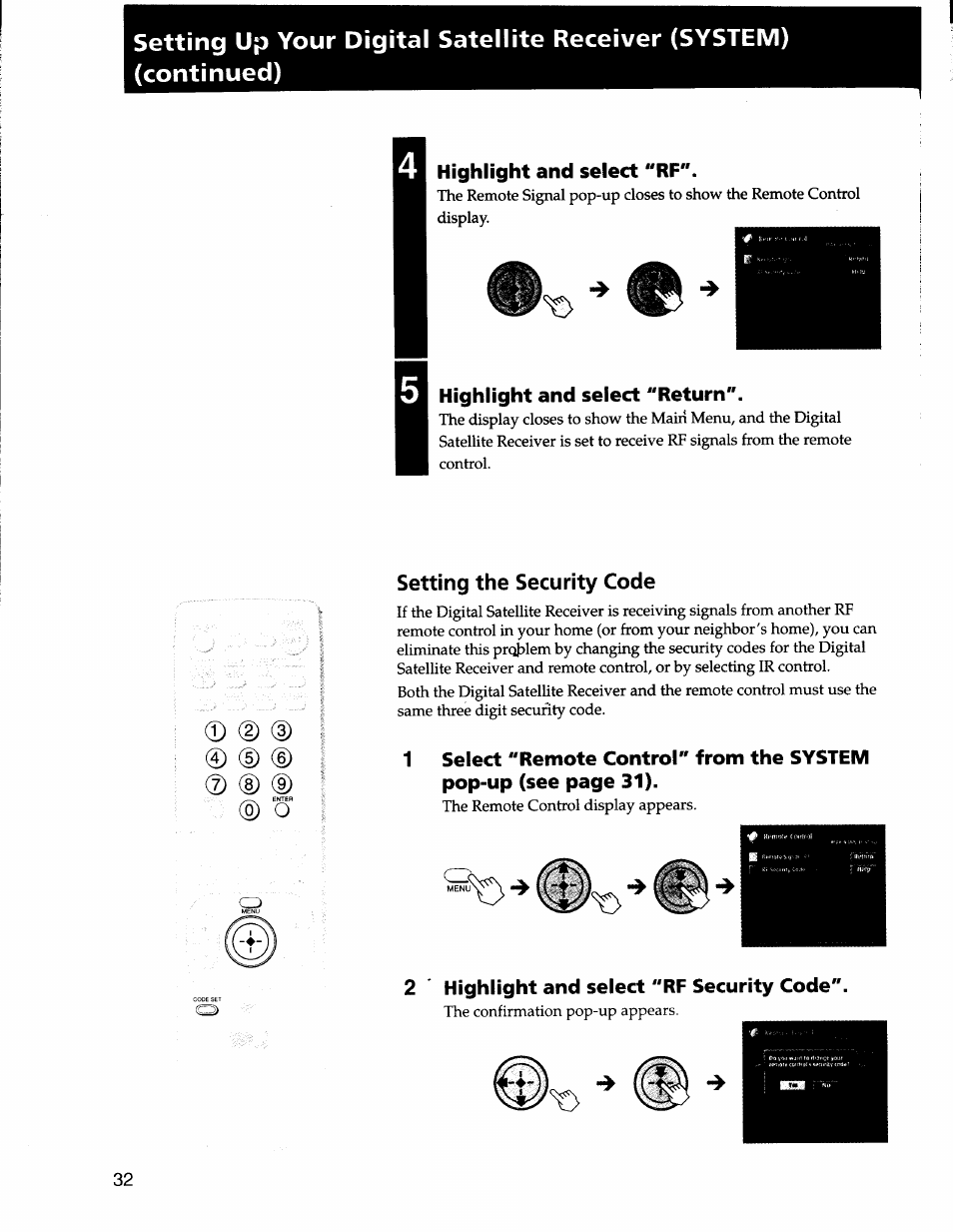 Highlight and select "rf, Highlight and select "return, 2 highlight and select "rf security code | 0 (d d) © (d (6), Setting the security code | Sony SAT-A50 User Manual | Page 32 / 78