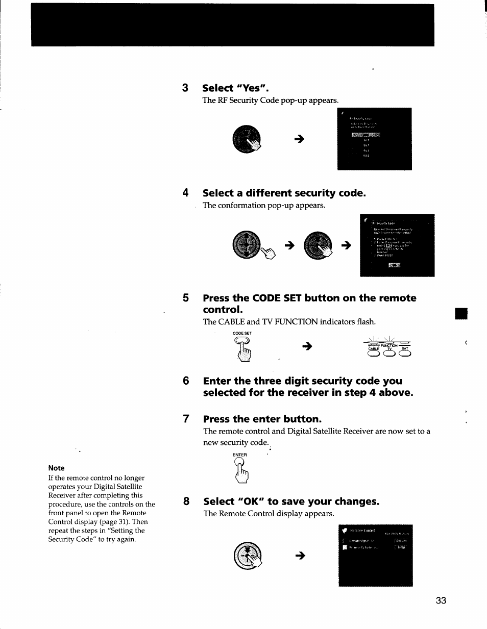 3 select "yes, 4 select a different security code, Press the code set button on the remote control | Press the enter button, Q8 select "ok" to save your changes | Sony SAT-A50 User Manual | Page 33 / 78