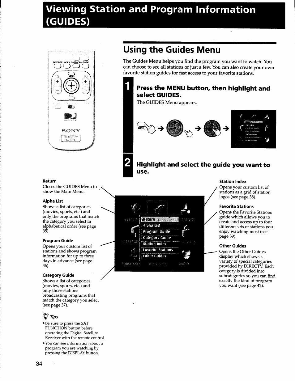 Viewing station and program information (guides), Using the guides menu, The guides menu appears | Return, Program guide, Category guide, Highlight and select the guide you want to use, Station index, Favorite stations, Other guides | Sony SAT-A50 User Manual | Page 34 / 78