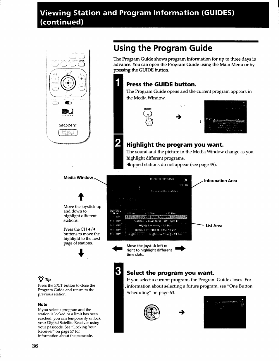 Using the program guide, Press the guide button, Highlight the program you want | Media window, Information area, List area, Note, Select the program you want | Sony SAT-A50 User Manual | Page 36 / 78