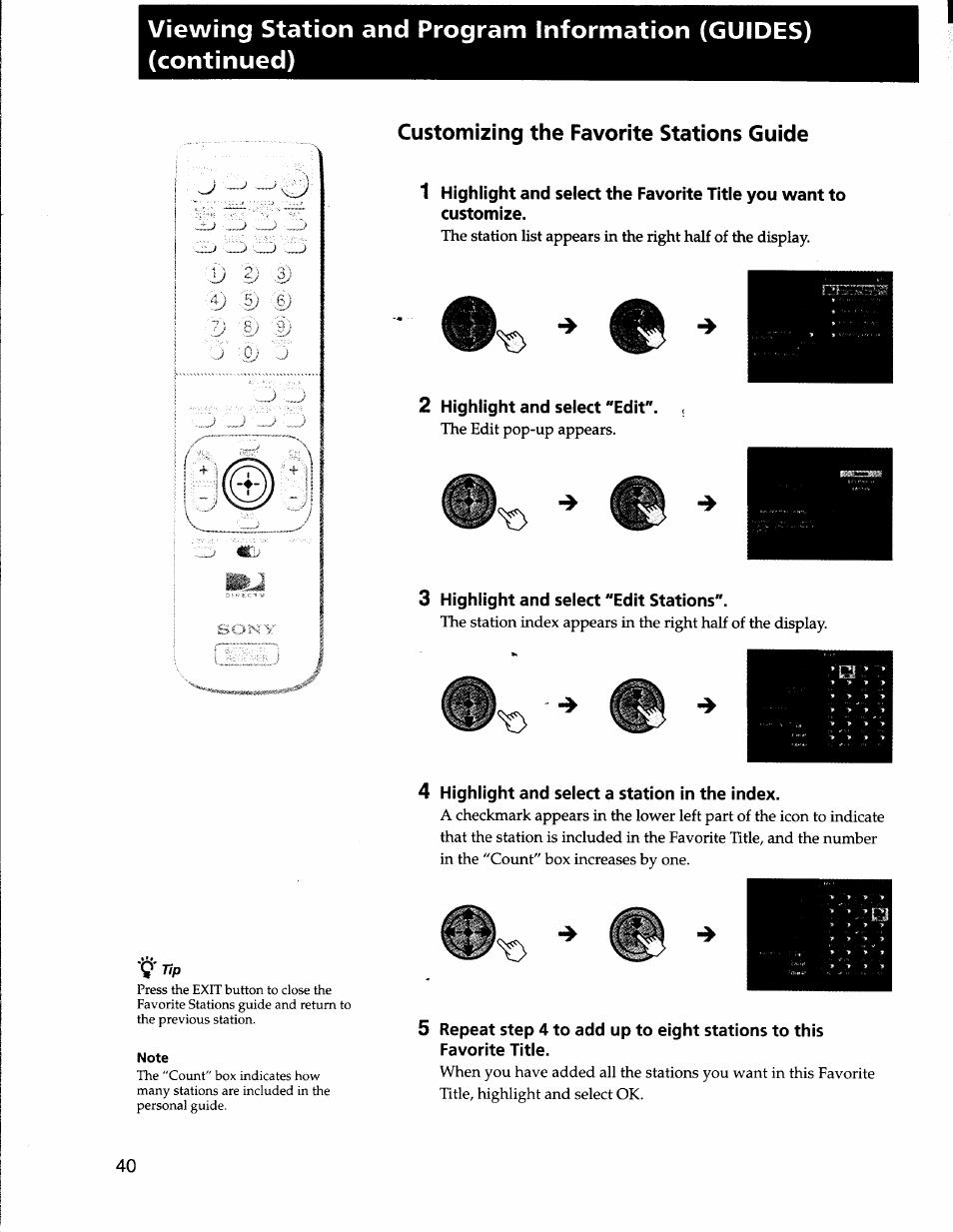 Customizing the favorite stations guide, 2 highlight and select "edit, 3 highlight and select "edit stations | 4 highlight and select a station in the index | Sony SAT-A50 User Manual | Page 40 / 78