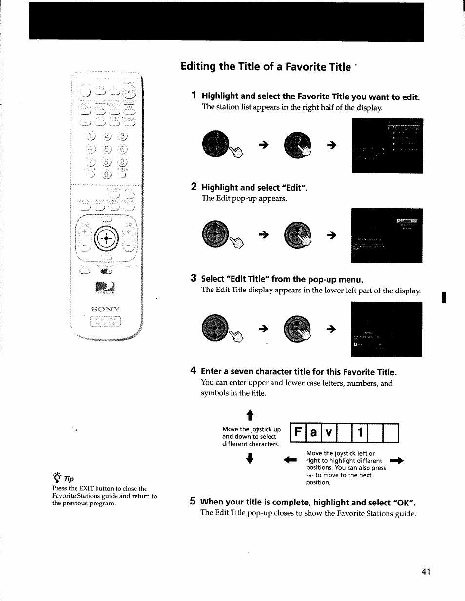 2 highlight and select "edit, 3 select "edit title" from the pop-up menu | Sony SAT-A50 User Manual | Page 41 / 78