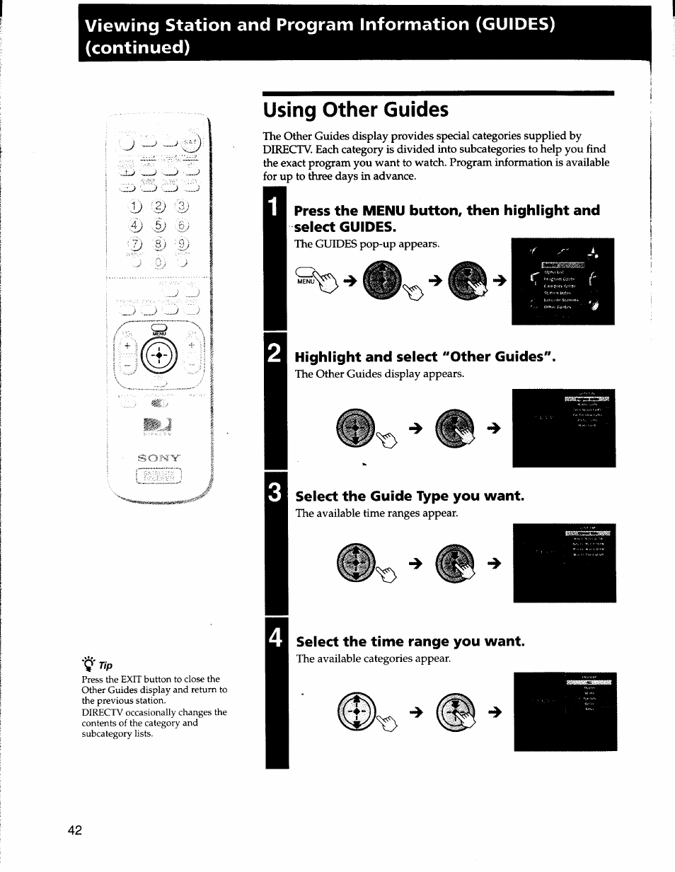 Using other guides, Highlight and select "other guides, Select the guide type you want | U select the time range you want | Sony SAT-A50 User Manual | Page 42 / 78
