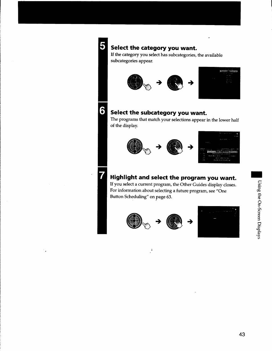 Select the category you want, Select the subcategory you want, Highlight and select the program you want | Sony SAT-A50 User Manual | Page 43 / 78