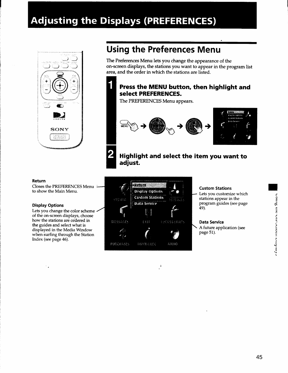 Adjusting the displays (preferences), Using the preferences menu, Highlight and select the item you want to adjust | Sony SAT-A50 User Manual | Page 45 / 78