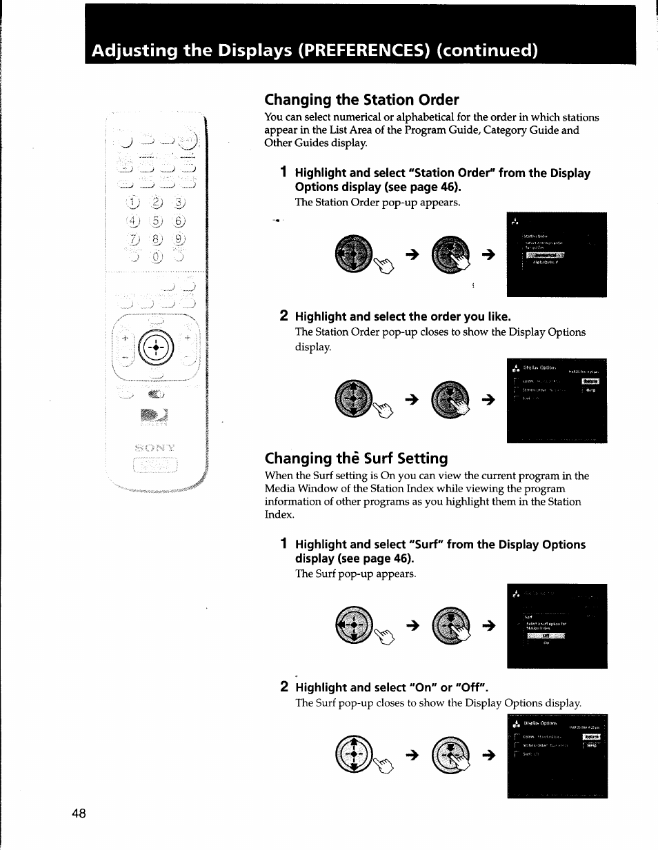 Adjusting the displays (preferences) (continued), Changing the station order, 2 highlight and select the order you like | Changing thé surf setting, 2 highlight and select "on" or "off | Sony SAT-A50 User Manual | Page 48 / 78