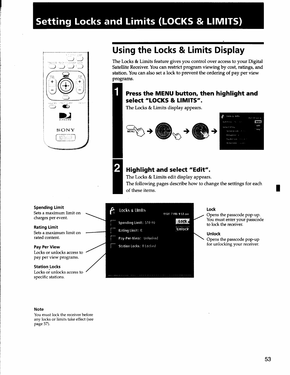 Setting locks and limits (locks & limits), Using the locks & limits display, Highlight and select "edit | Setting locks and limits, Locks & limits), Using the locks 8i limits display | Sony SAT-A50 User Manual | Page 53 / 78