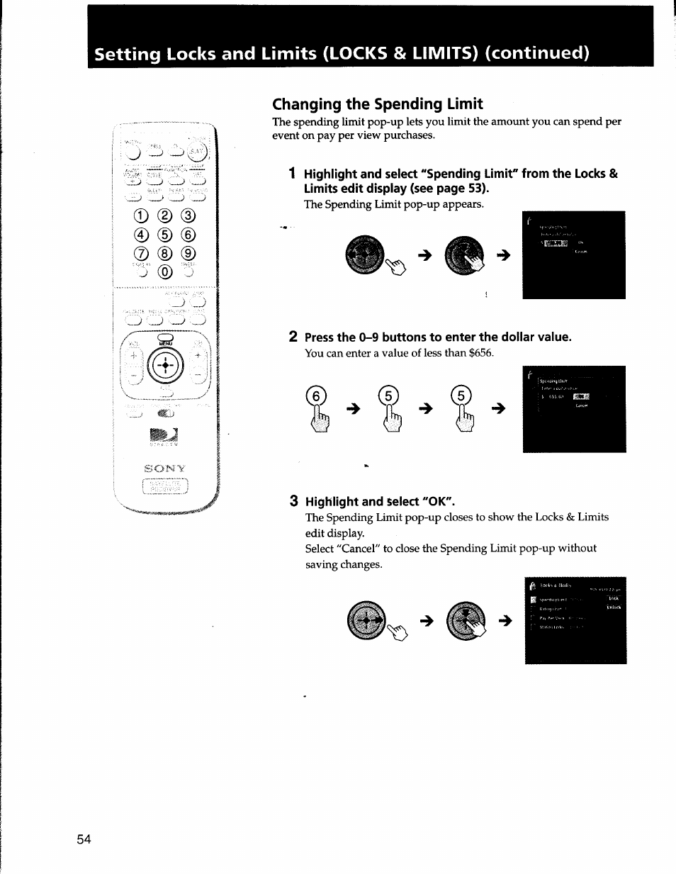 Changing the spending limit, 2 press the 0-9 buttons to enter the dollar value, 3 highlight and select "ok | Sony SAT-A50 User Manual | Page 54 / 78