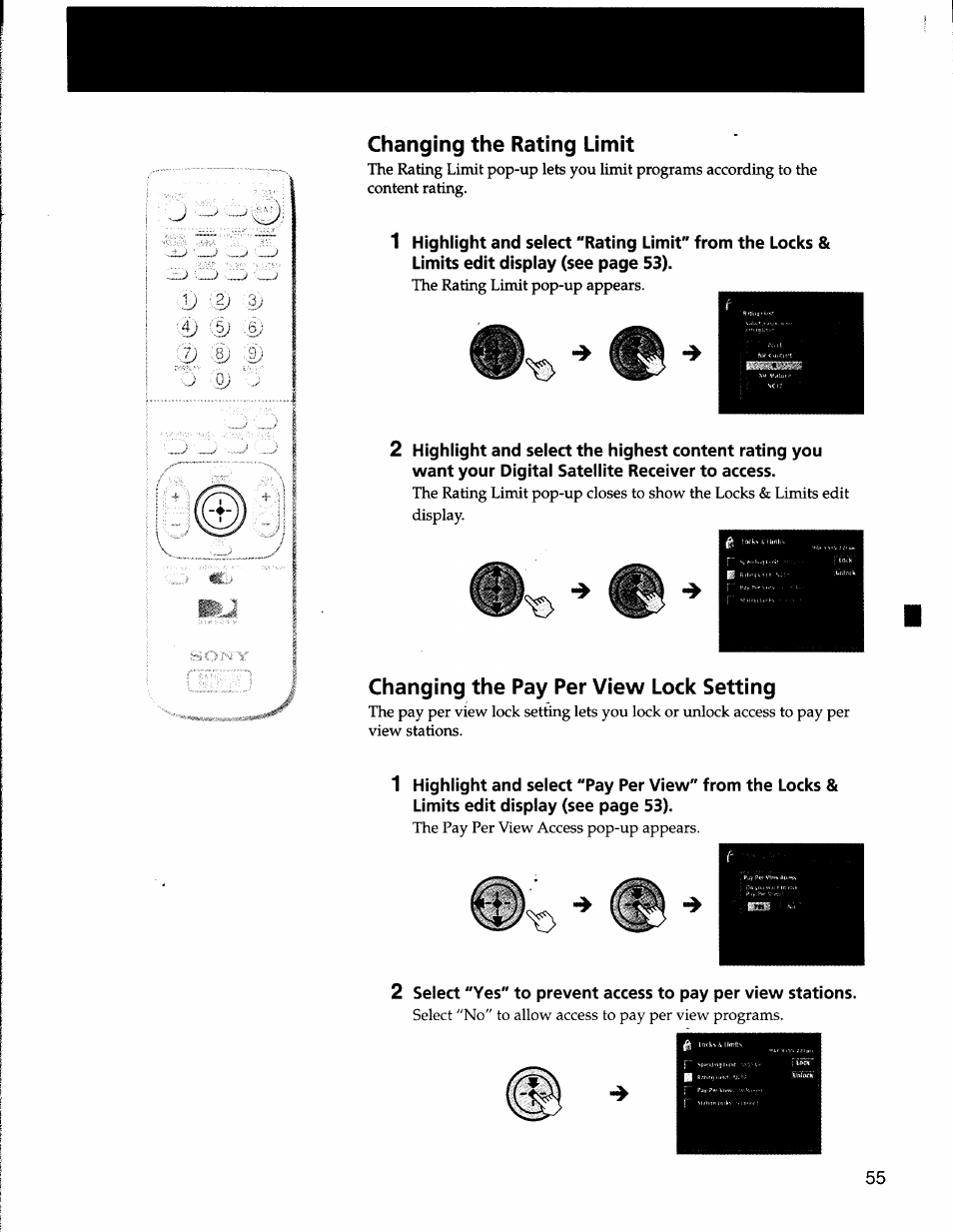 Changing the rating limit, Changing the pay per view lock setting, T) changing the pay per view lock setting | Sony SAT-A50 User Manual | Page 55 / 78