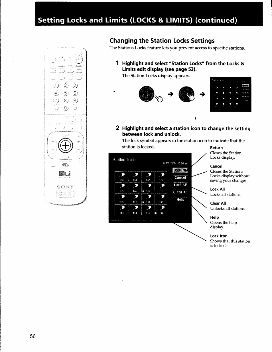 Changing the station locks settings, Return, Cancel | Lock all, Lock icon | Sony SAT-A50 User Manual | Page 56 / 78