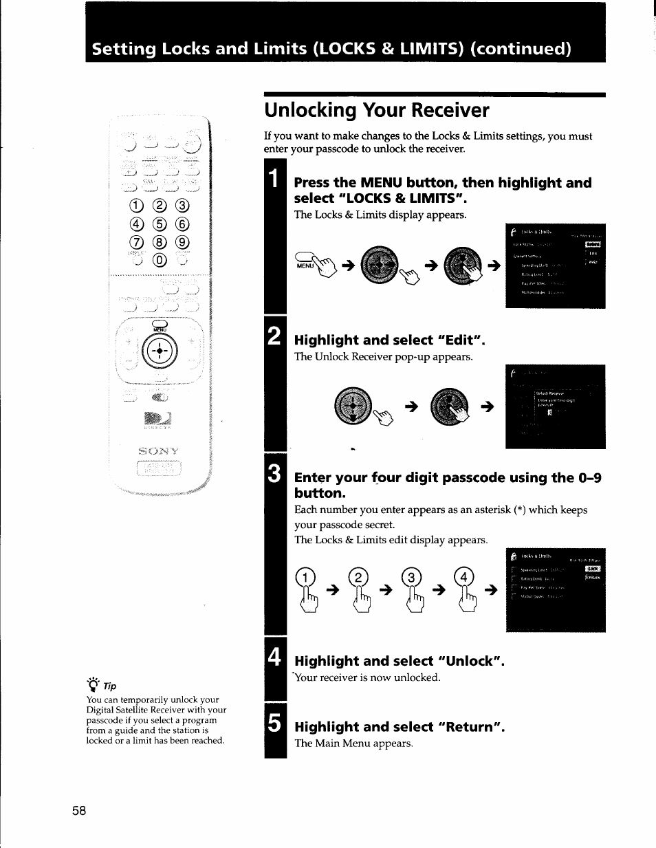 Unlocking your receiver, Highlight and select "edit, Highlight and select "return | Sony SAT-A50 User Manual | Page 58 / 78