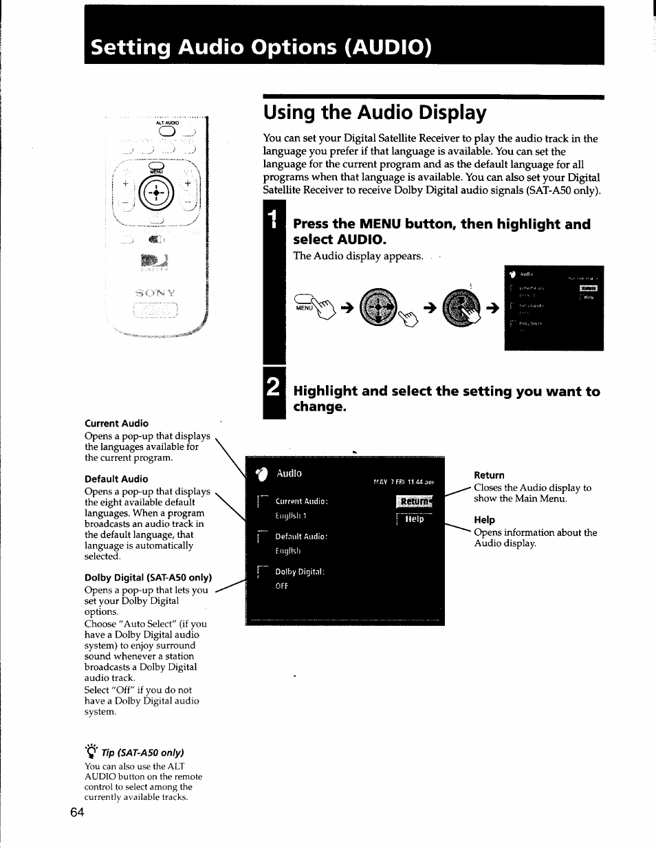 Setting audio options (audio), Using the audio display, Current audio | Default audio, Dolby digital (sat-a50 only) | Sony SAT-A50 User Manual | Page 64 / 78