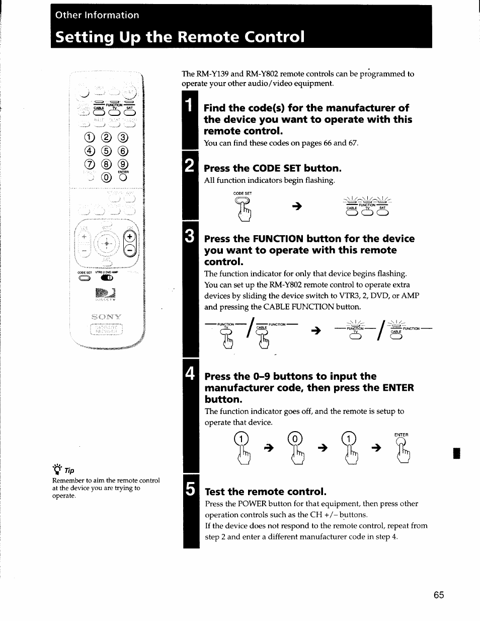 Other information, Setting up the remote control, B ® o | D (d, D) (d, Press the code set button, Qtest the remote control | Sony SAT-A50 User Manual | Page 65 / 78