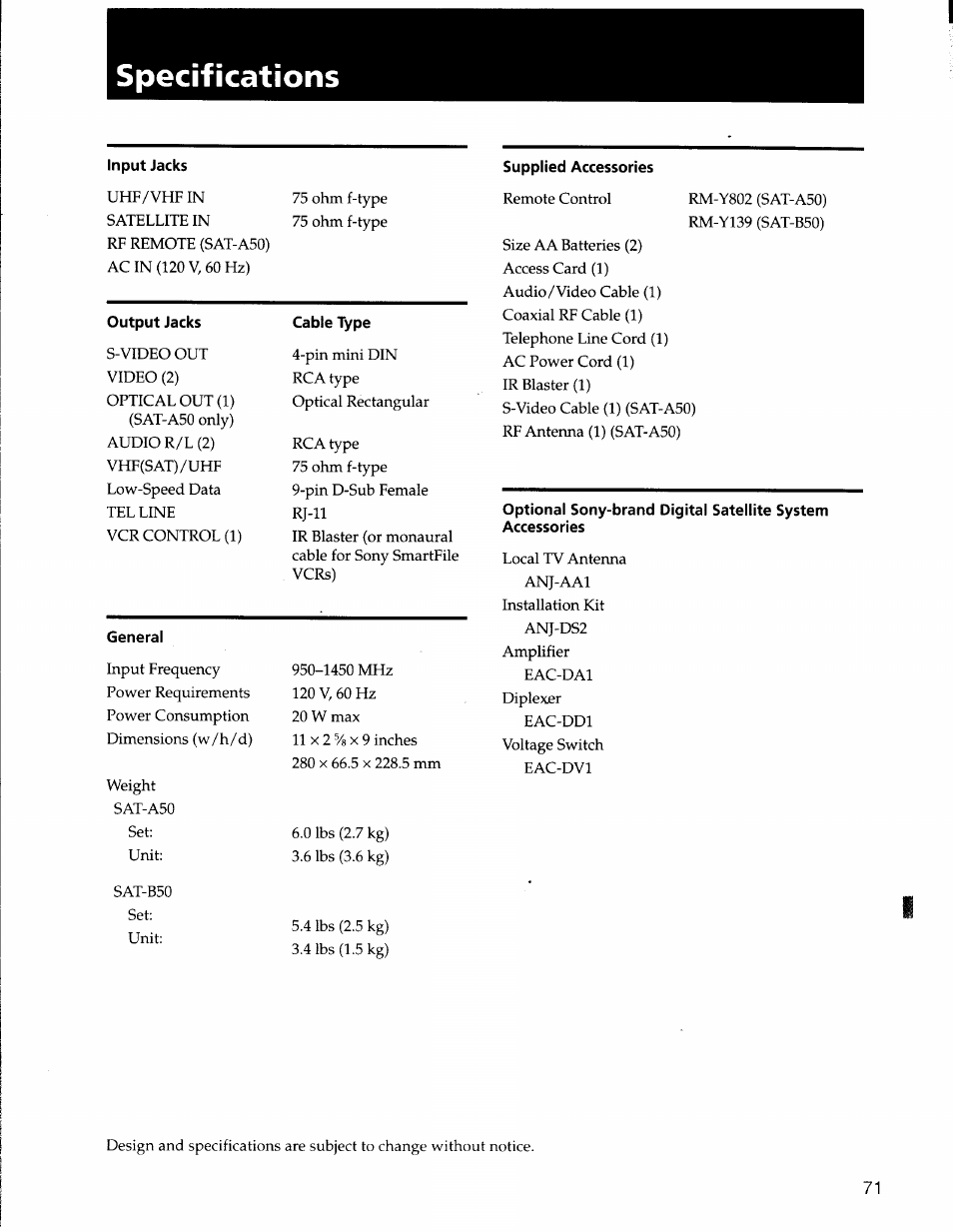 Specifications | Sony SAT-A50 User Manual | Page 71 / 78