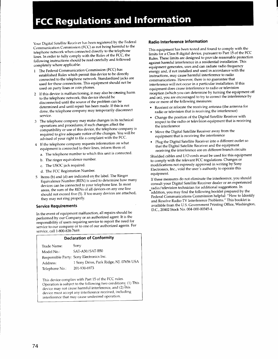 Fcc regulations and information, Service requirements, Declaration of conformity | Radio interference information | Sony SAT-A50 User Manual | Page 74 / 78