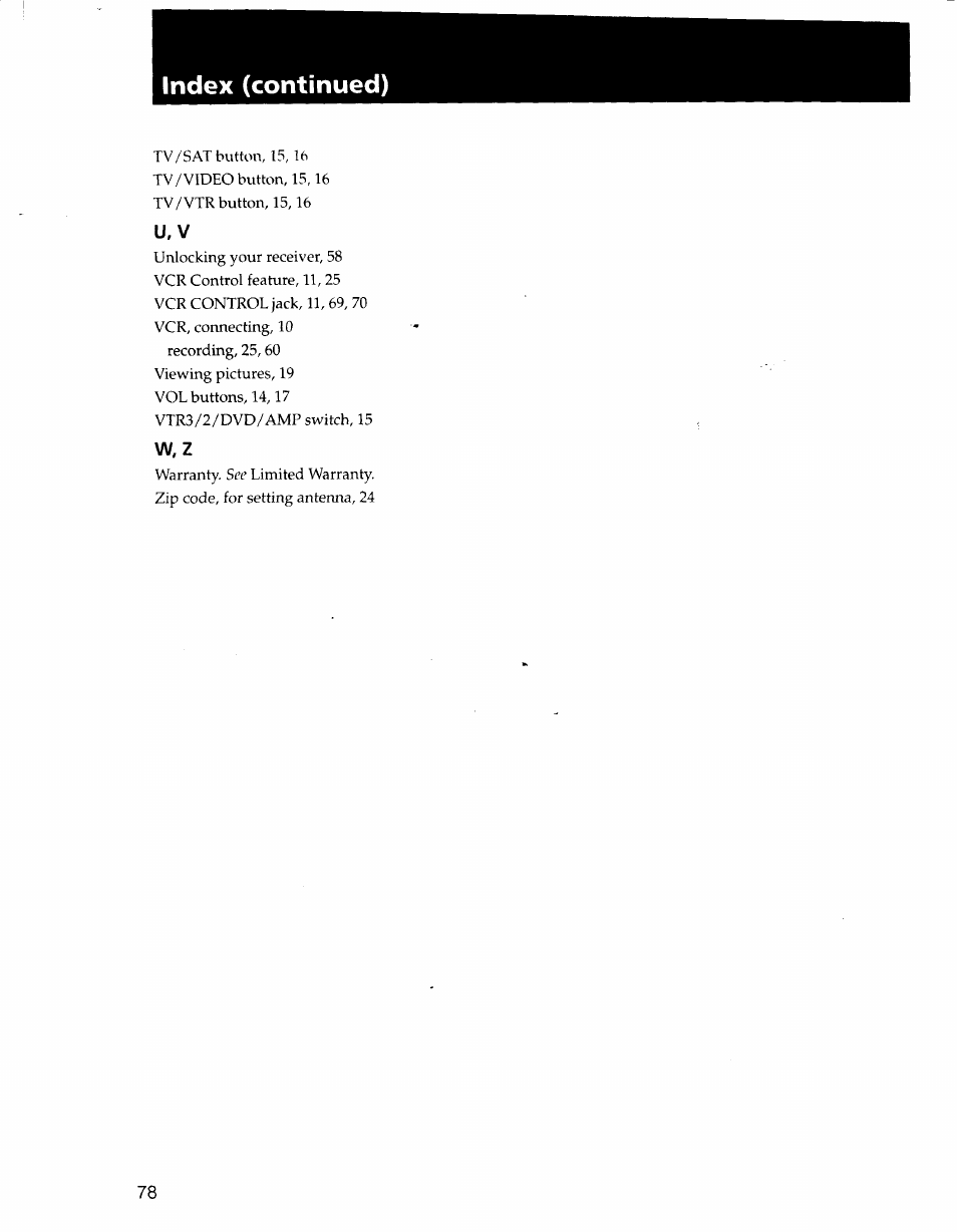 Index (continued), W, z, U. v | Sony SAT-A50 User Manual | Page 78 / 78