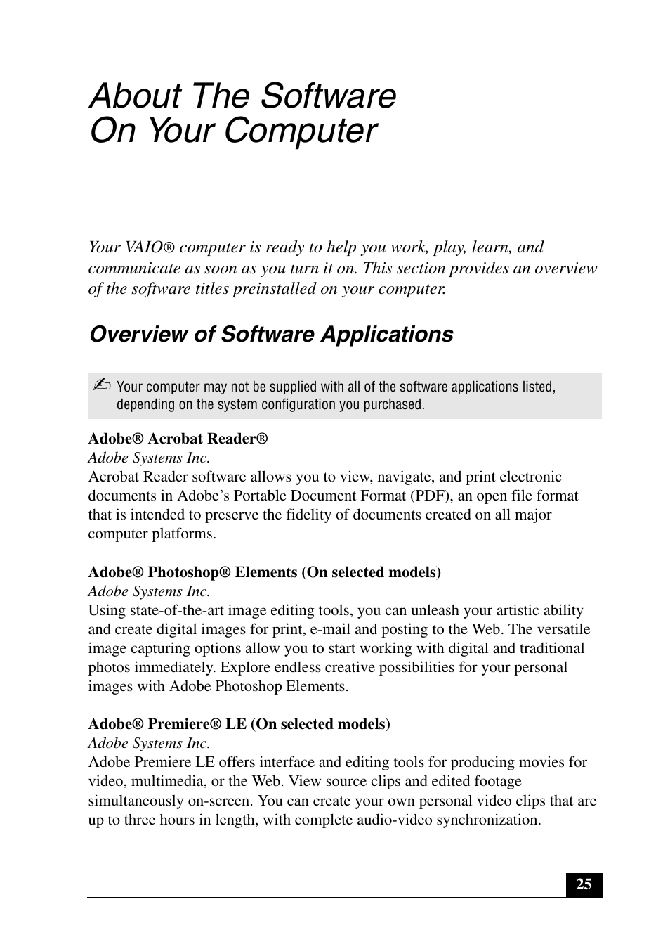 About the software on your computer, Overview of software applications | Sony PCV-RX640 User Manual | Page 25 / 64