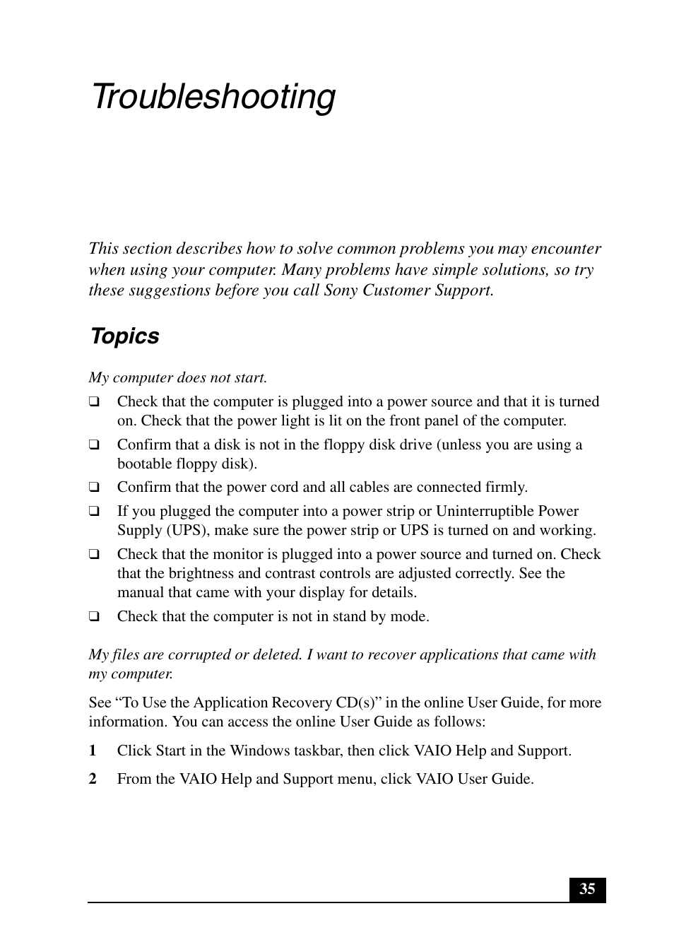 Troubleshooting, Topics | Sony PCV-RX640 User Manual | Page 35 / 64
