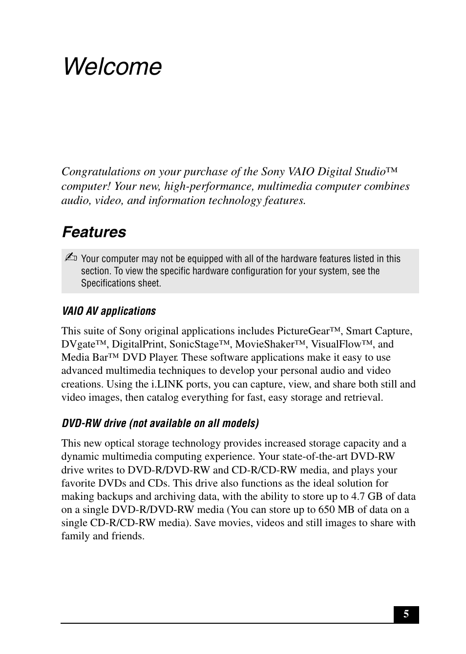 Welcome, Features | Sony PCV-RX640 User Manual | Page 5 / 64