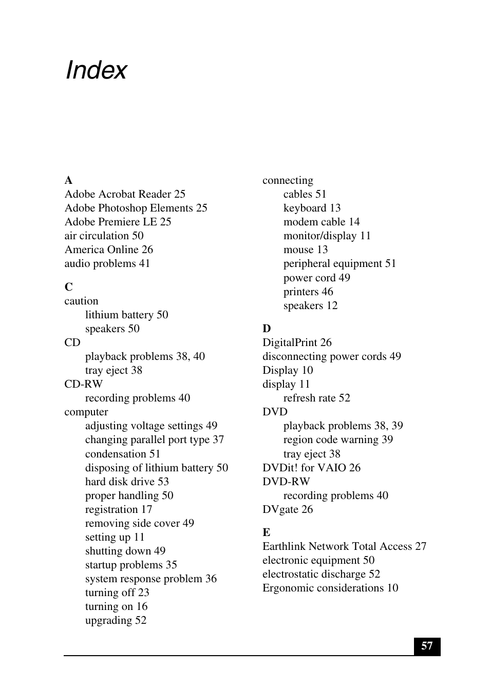 Index | Sony PCV-RX640 User Manual | Page 57 / 64